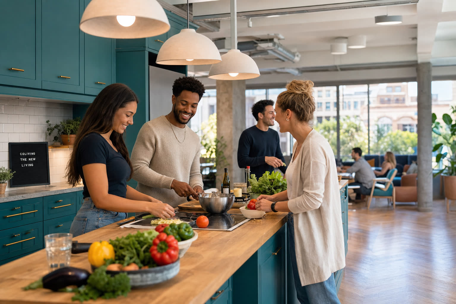 Bright, modern shared co-living kitchen and social space with residents.