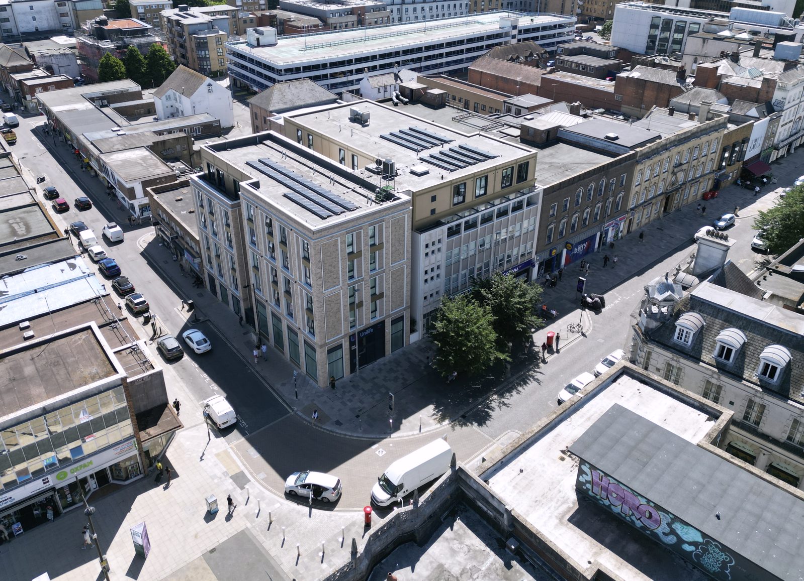 Aerial view of 12–14 High Street, Southampton, a completed residential building on a city-centre corner.