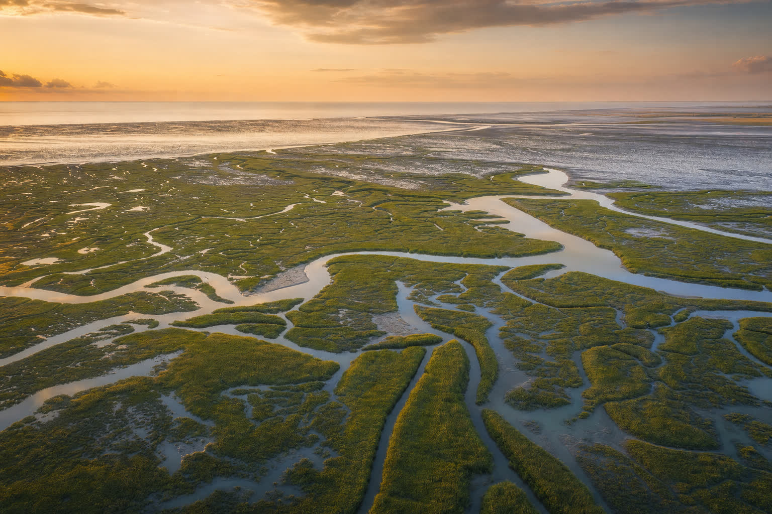 Aerial view of a restored coastal saltmarsh at golden hour.